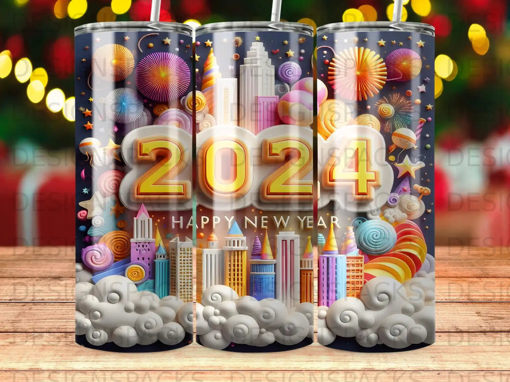 2024 New Year's Eve cityscape with fireworks, clouds, and balloons design on a tumbler.