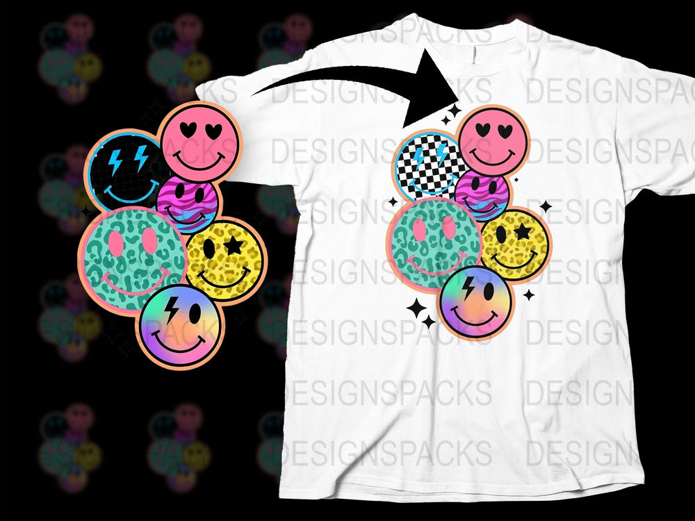 Colorful Smiley Face T-Shirt, Funky Patterned Emoji Graphic Tee, Unisex Casual Streetwear