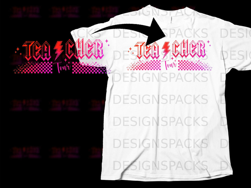 "Teacher Tour" text in gradient pink and orange over a checkered pattern on a white t-shirt.