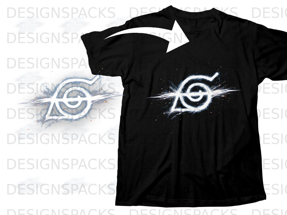 Black t-shirt with a white Konoha symbol graphic and particle effects.