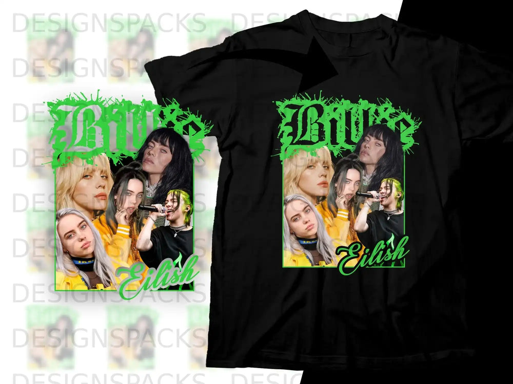 Black t-shirt featuring a graphic of Billie Eilish with green text.