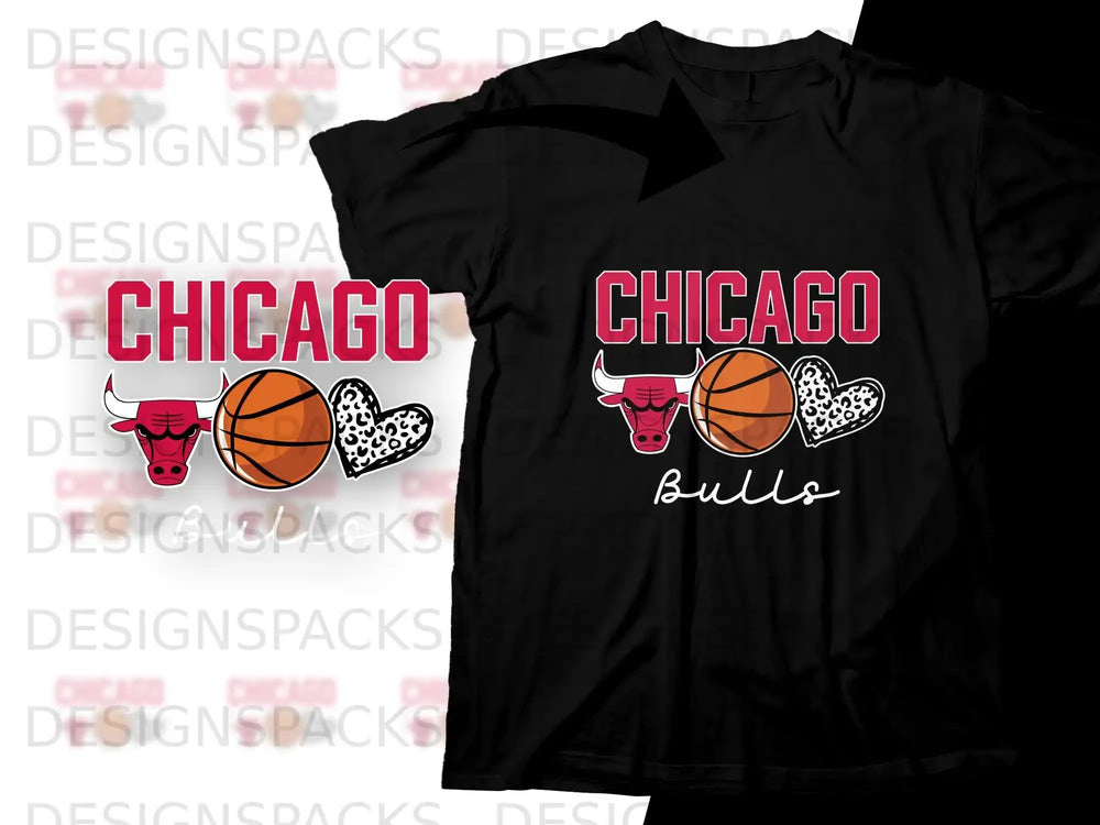 Chicago Bulls graphic on black t-shirt with heart and basketball.