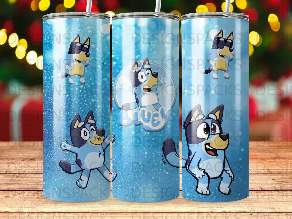 Bluey characters dancing on a sparkly blue background tumbler.