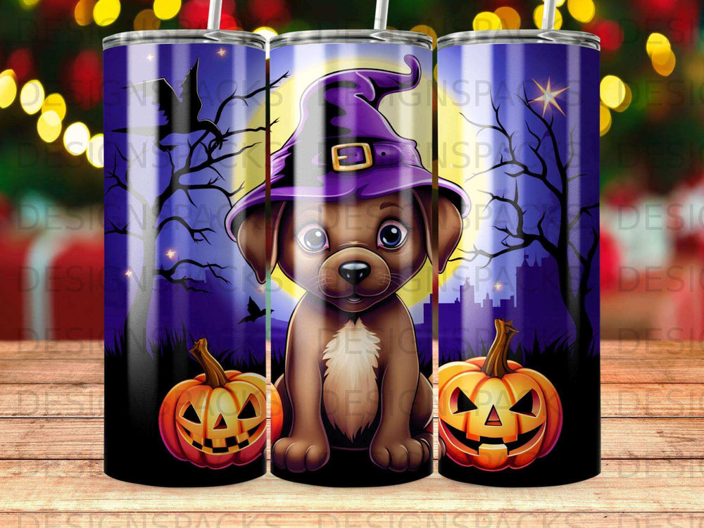 Brown puppy in witch hat with carved pumpkins and spooky forest.