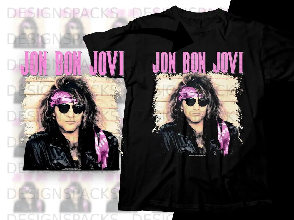 Jon Bon Jovi graphic tee with bandana and leather jacket.