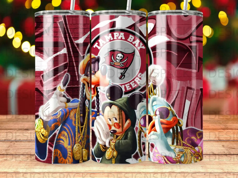 Mickey Mouse, Donald Duck, and a Wu-Tang Clan member wear Buccaneers gear.