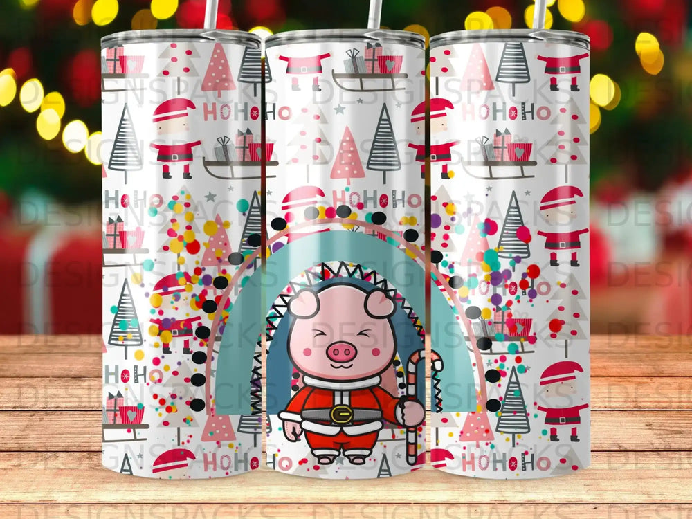 Pig in Santa suit holding candy cane amidst festive holiday pattern.