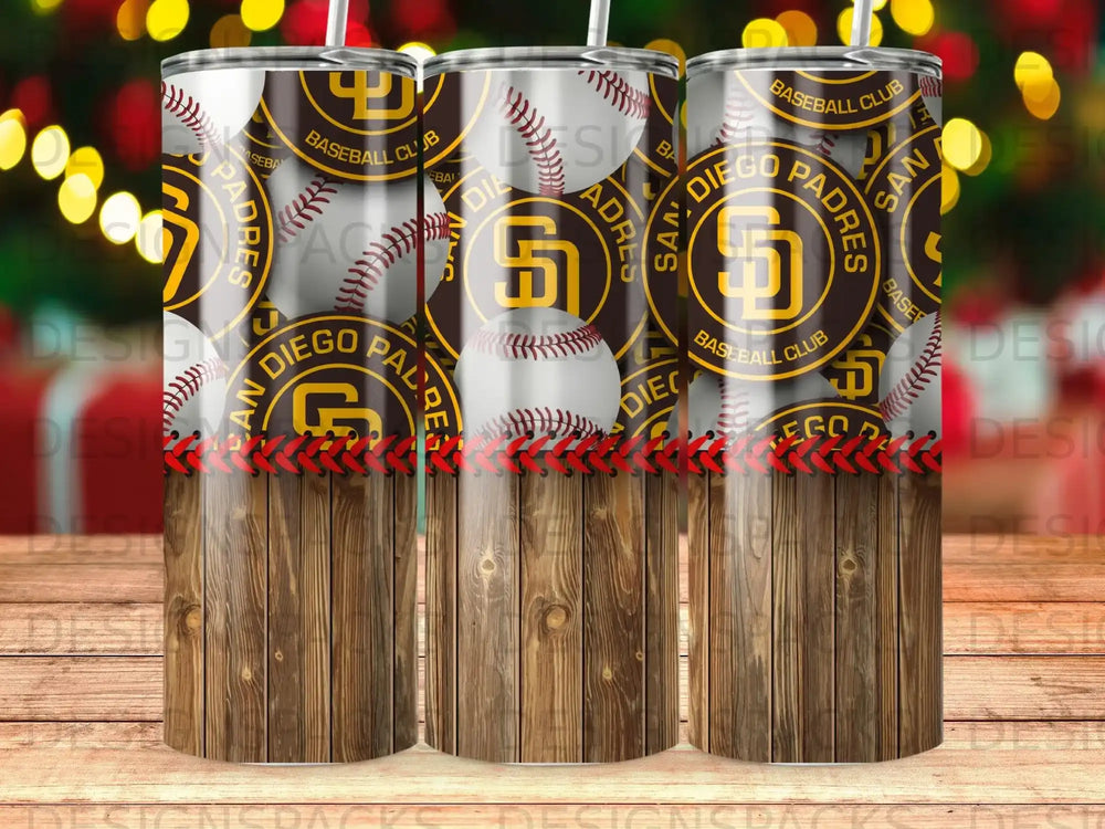 Tumbler with San Diego Padres logo and baseball design on wood grain background.