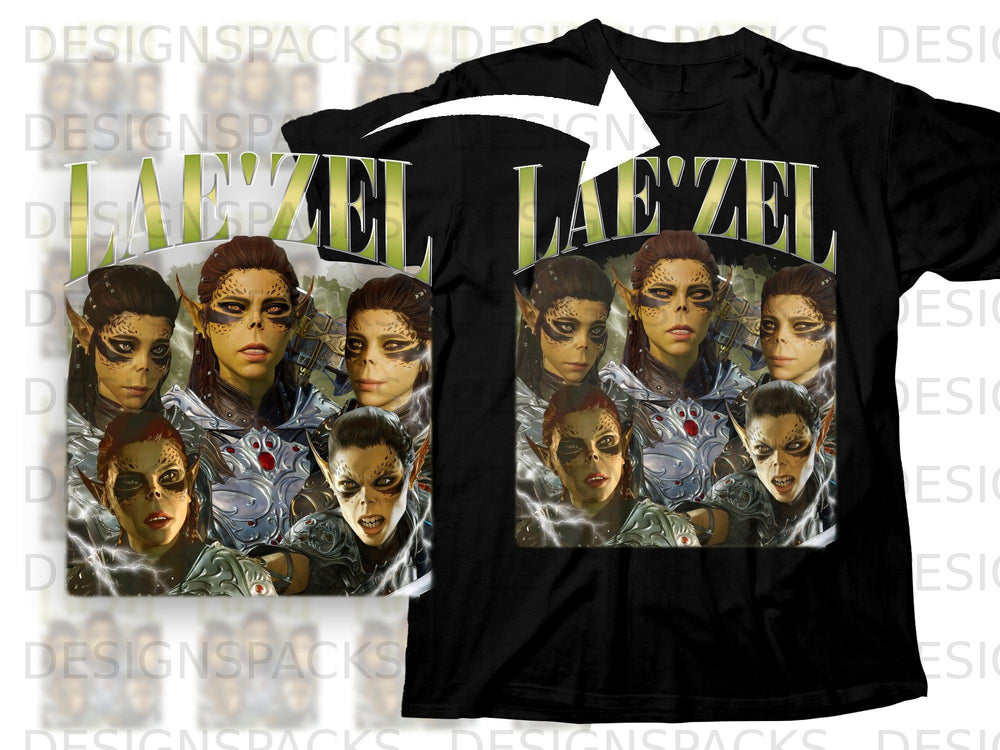 Black t-shirt with a graphic featuring the text LAE'ZEL and portraits of five elves.