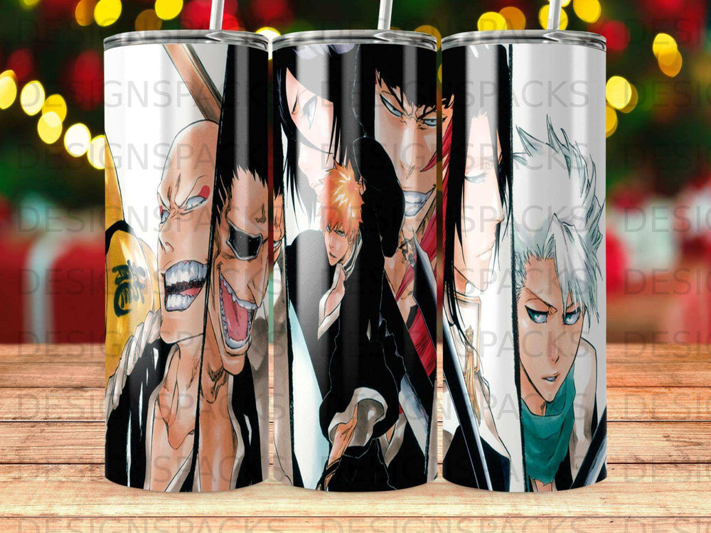 Anime characters with striking expressions on a white and orange background.