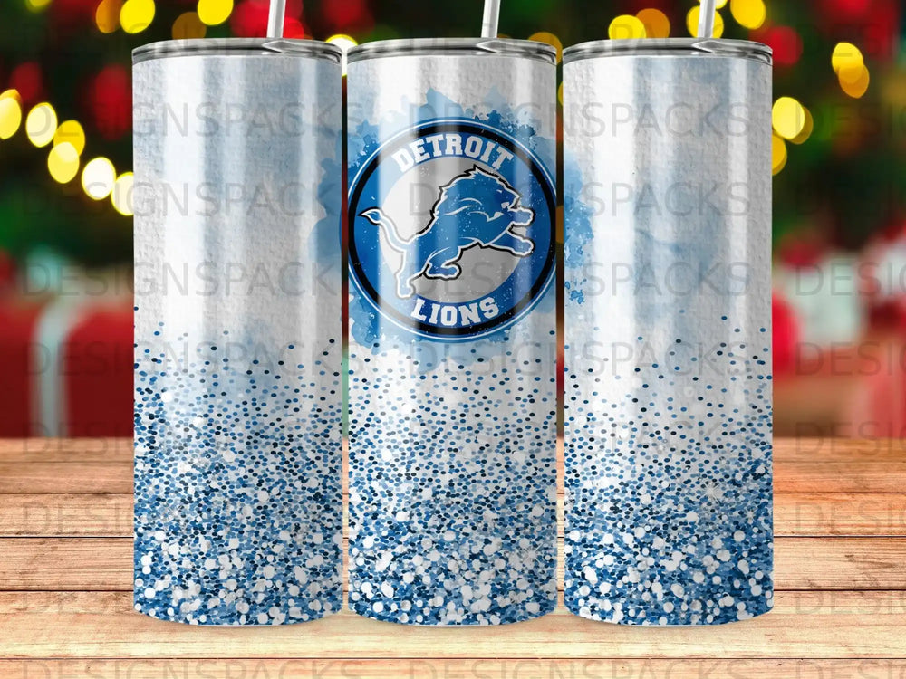 Detroit Lions logo on a glittery blue and white tumbler.