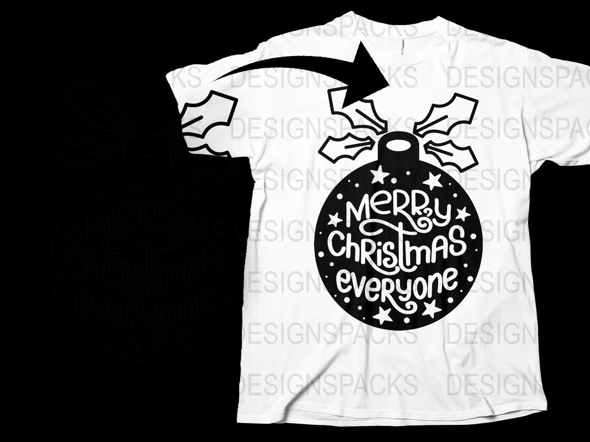 Merry Christmas Everyone Holiday Tee, Festive Reindeer Ornament Design, Black and White T-Shirt
