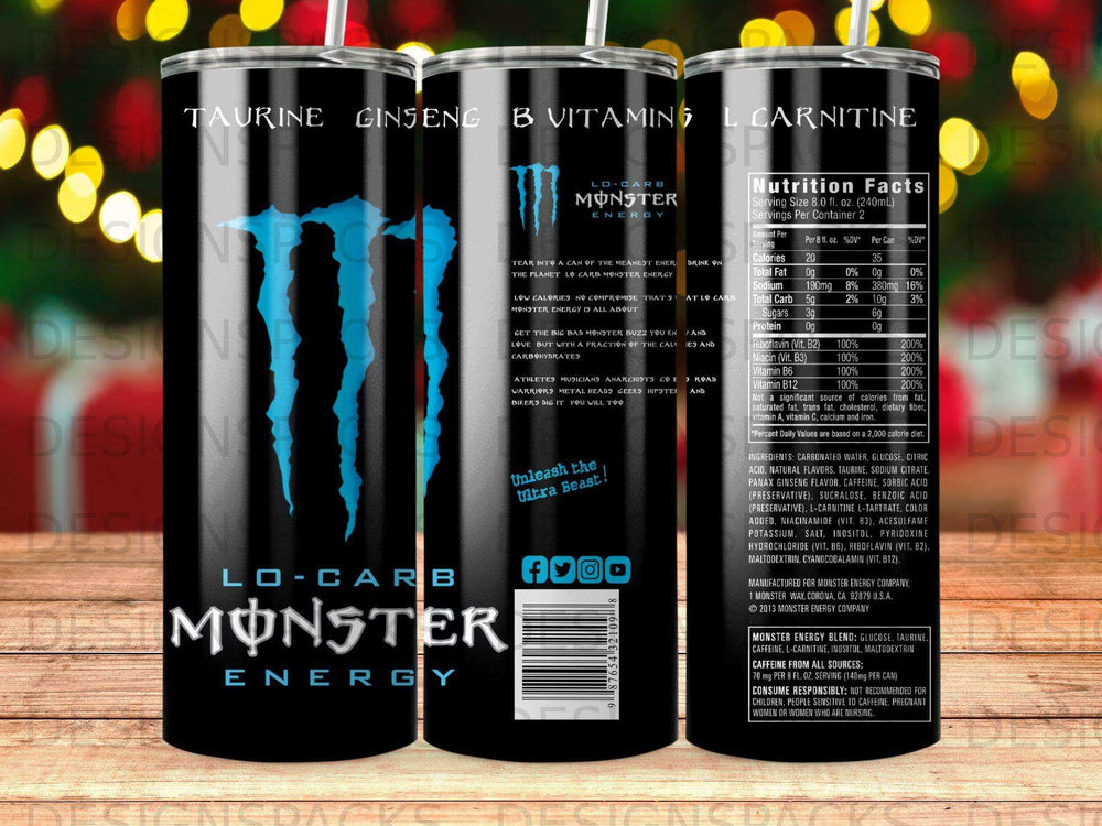 Monster Energy Lo-Carb can with nutritional facts and ingredients listed.