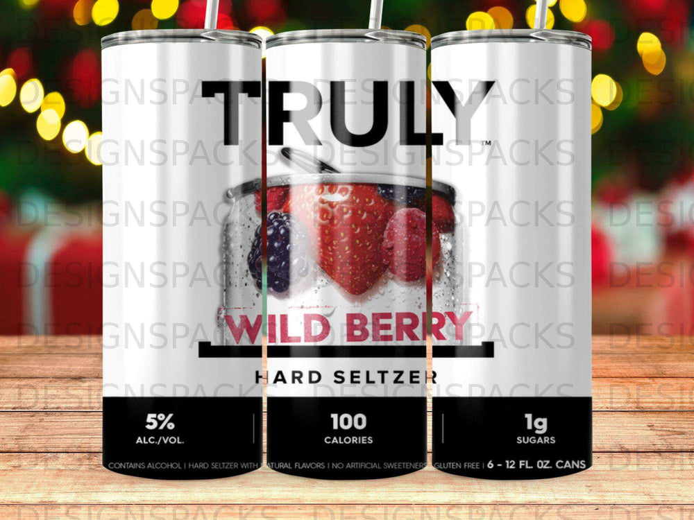 Truly Wild Berry Hard Seltzer cans with 5% ABV, 100 calories, 1g sugar.
