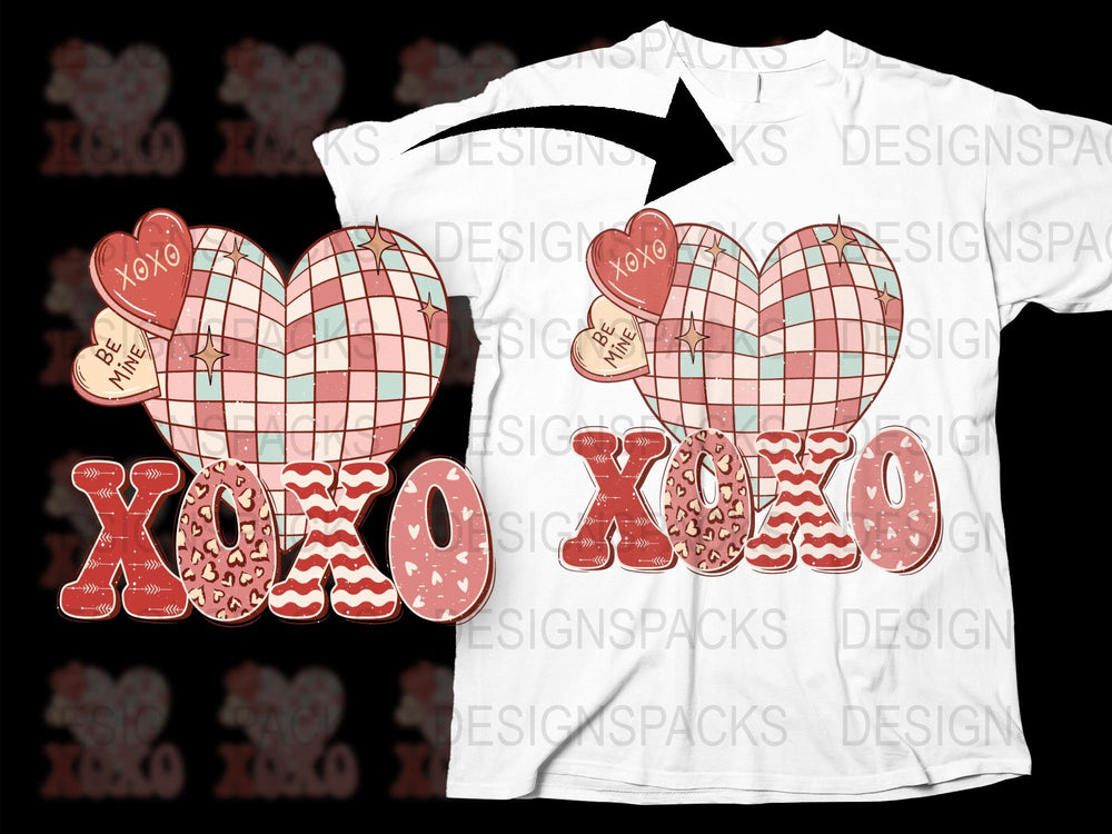 Valentine's Day T-Shirt, XOXO Heart Design, Red and White Grid Pattern, Unisex Adult Casual Wear
