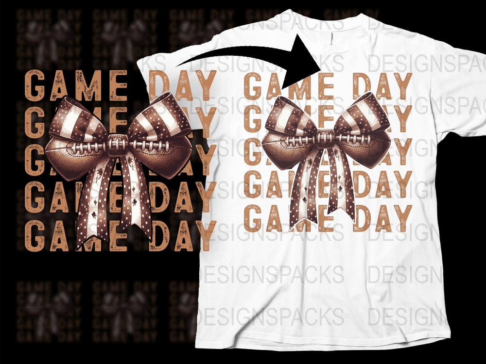 Game Day T-Shirt with Football Bow Design, Sports Fan Graphic Tee, White Casual Top for Game Lovers