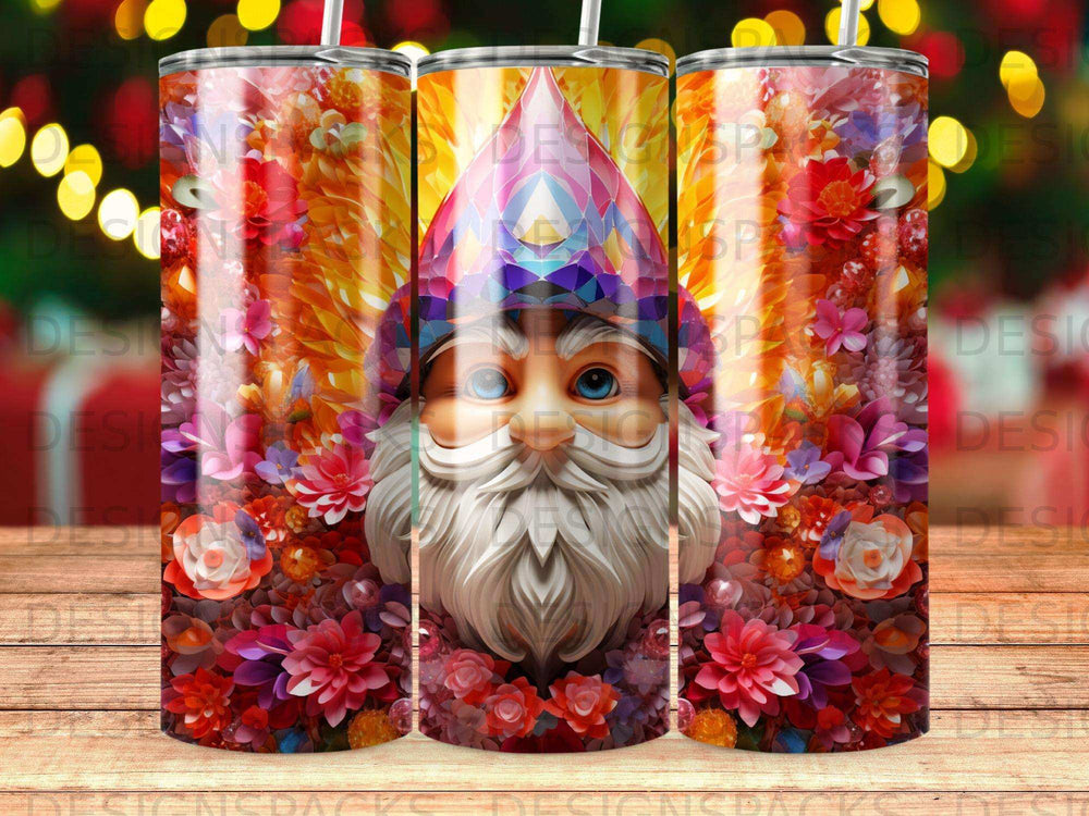 Santa Claus head with colorful geometric hat and floral accents on a tumbler.