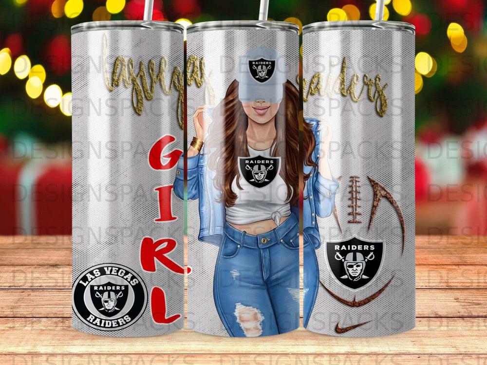 Las Vegas Raiders girl with football design on tumblers.