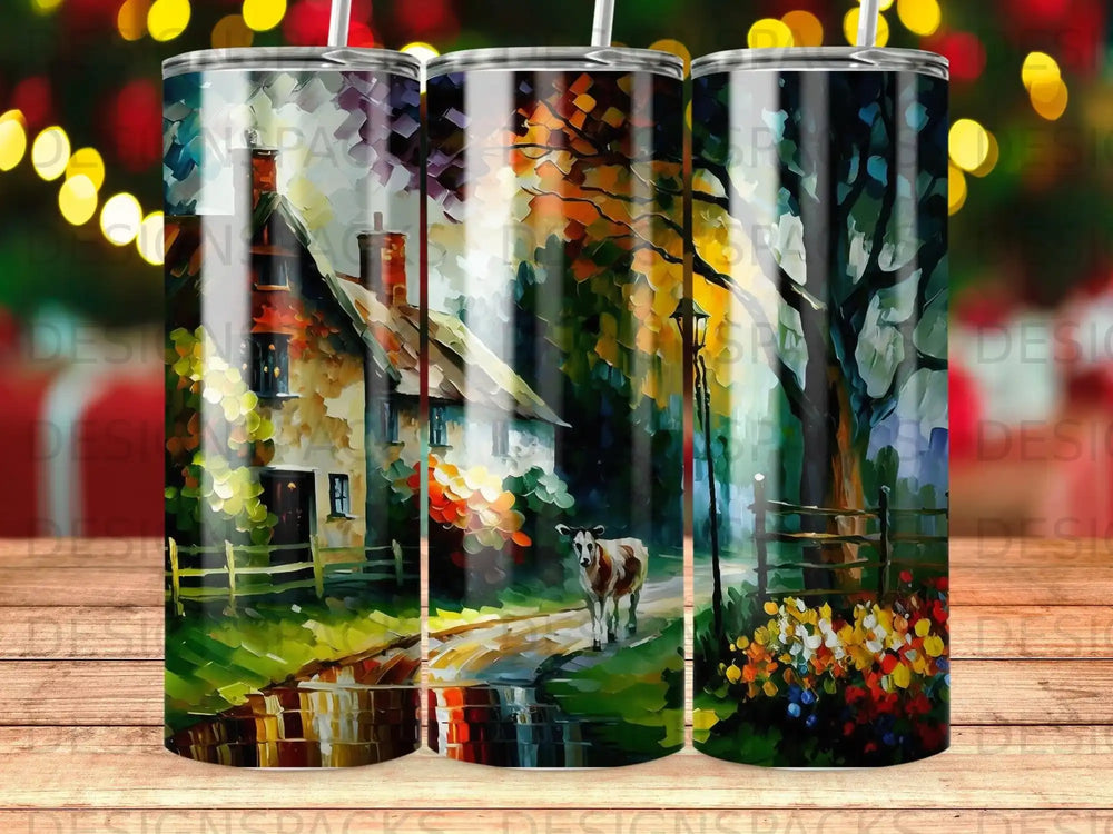 Painting of a rural house with a cow and colorful flowers.