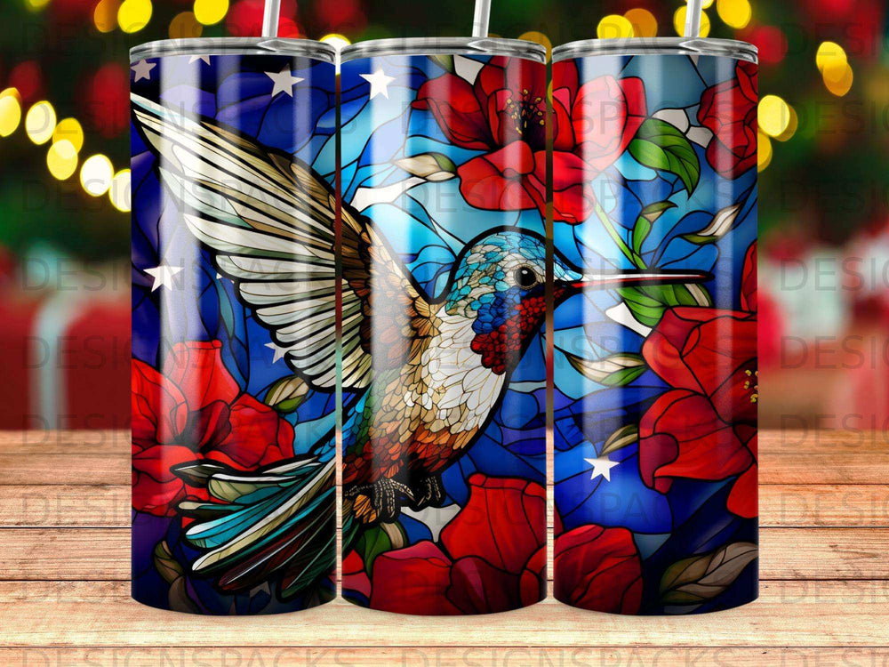 Hummingbird with stained glass background and red flowers.