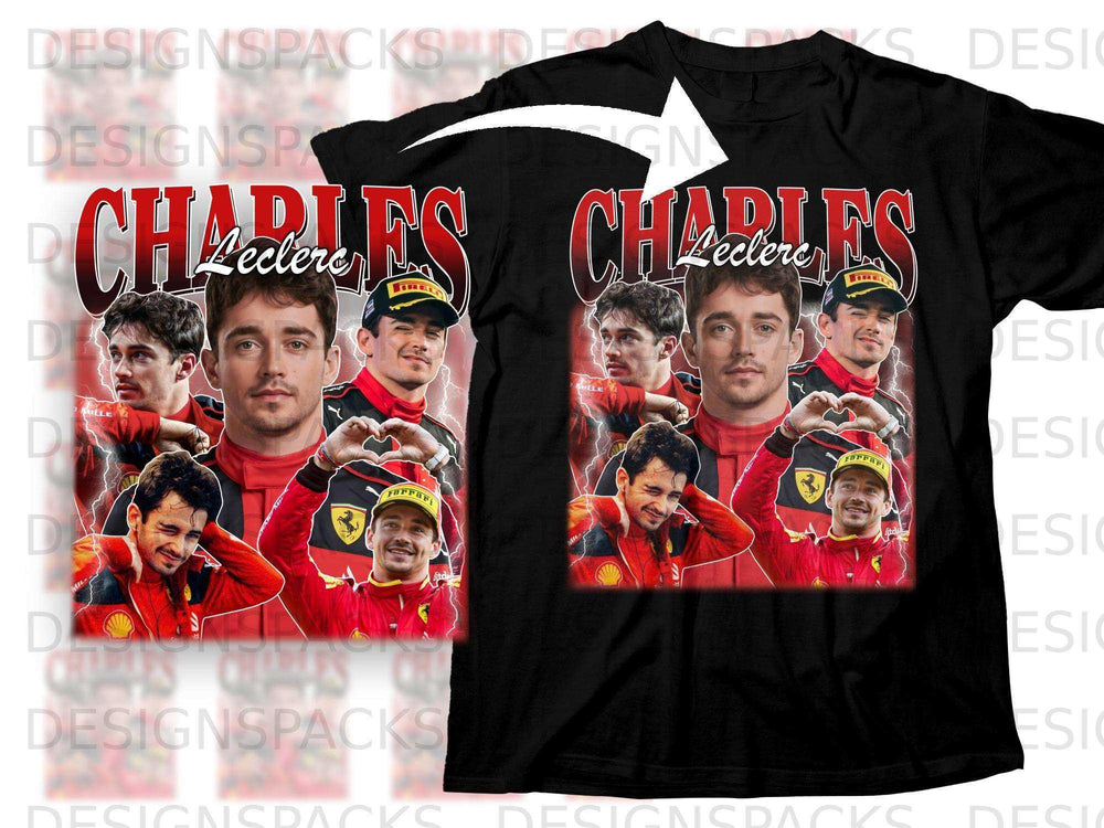 Charles Leclerc collage on a black t-shirt with Ferrari and Mille Miglia branding.
