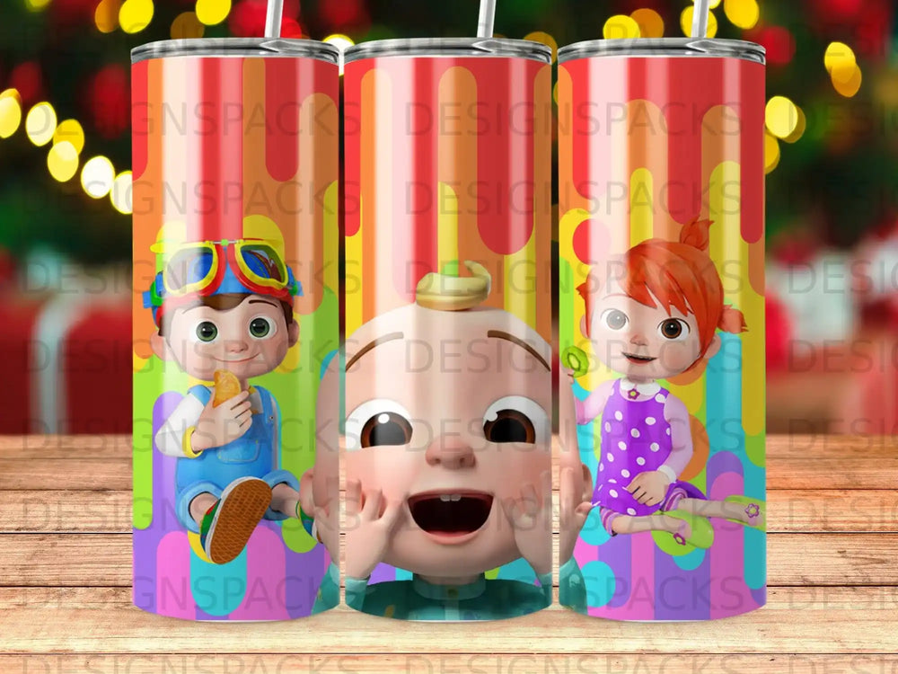 Three tumblers with cartoon characters, including a boy and girl.