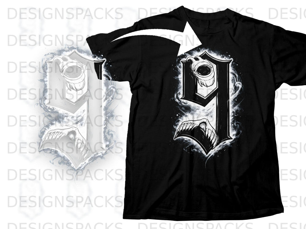 Black t-shirt with white gothic letter "J" graphic featuring a skull.