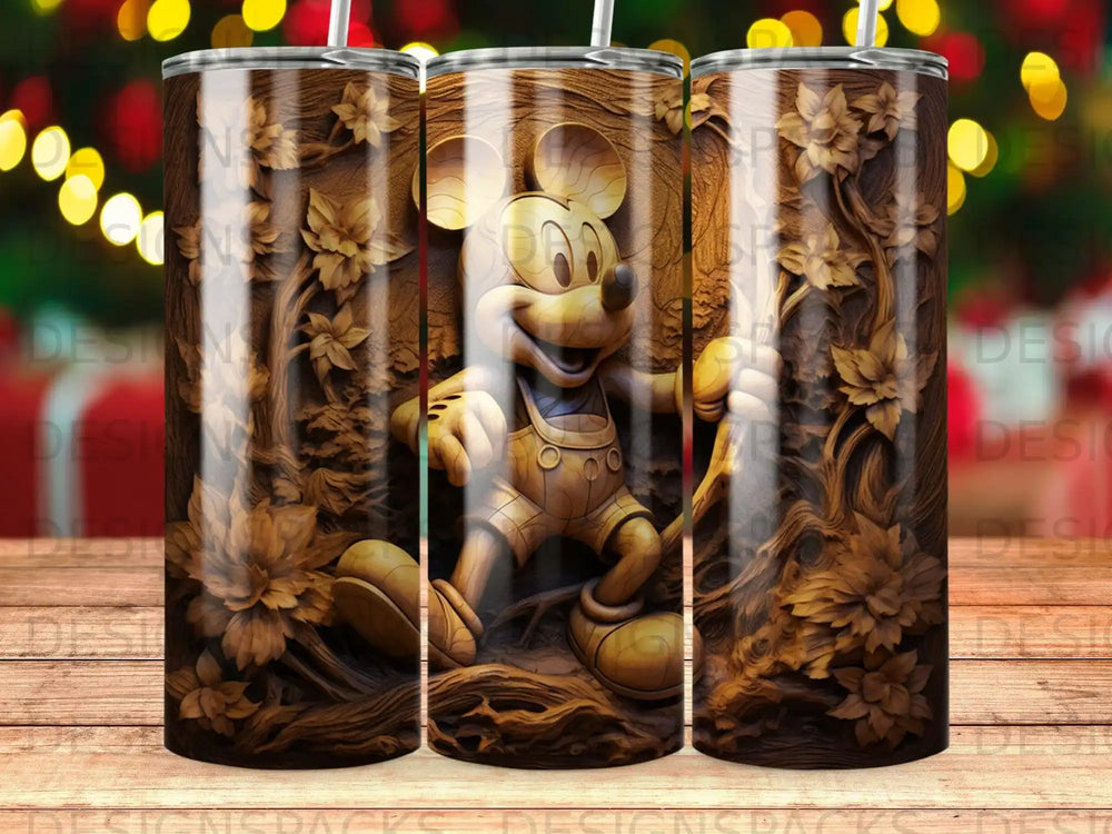 Mickey Mouse in a carved wood design on a tumbler.