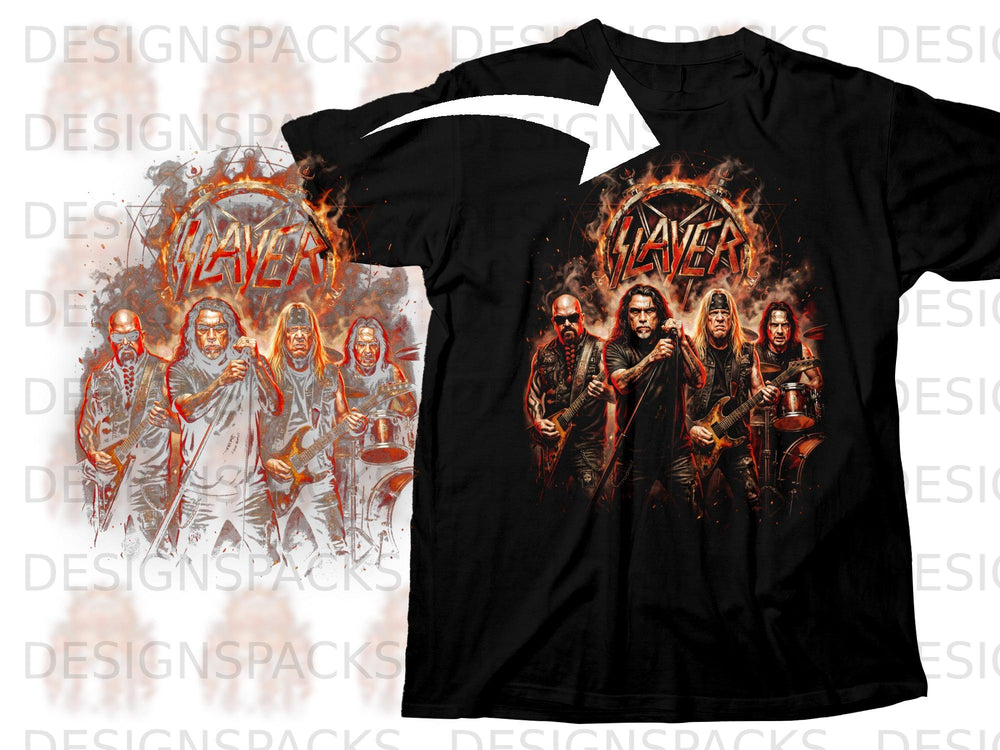 Black t-shirt with Slayer band graphic and flames.
