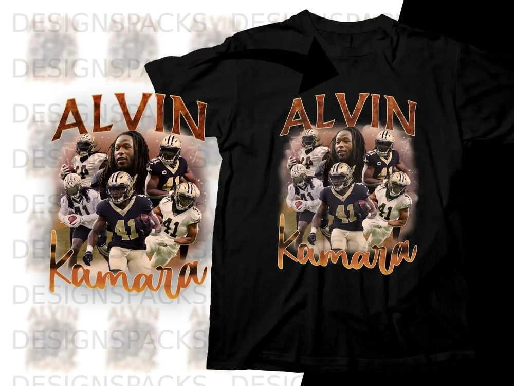 Alvin Kamara t-shirt design with player images and "Alvin Kamara" text.