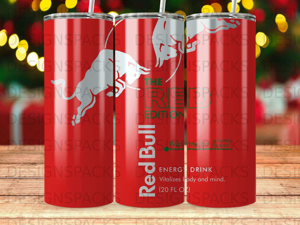 Red Bull 20oz energy drink can with "Vitalizes body and mind." text.