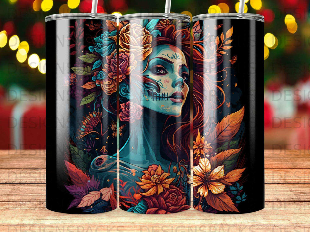 Woman's face with floral skull makeup and colorful flowers, against a dark background.
