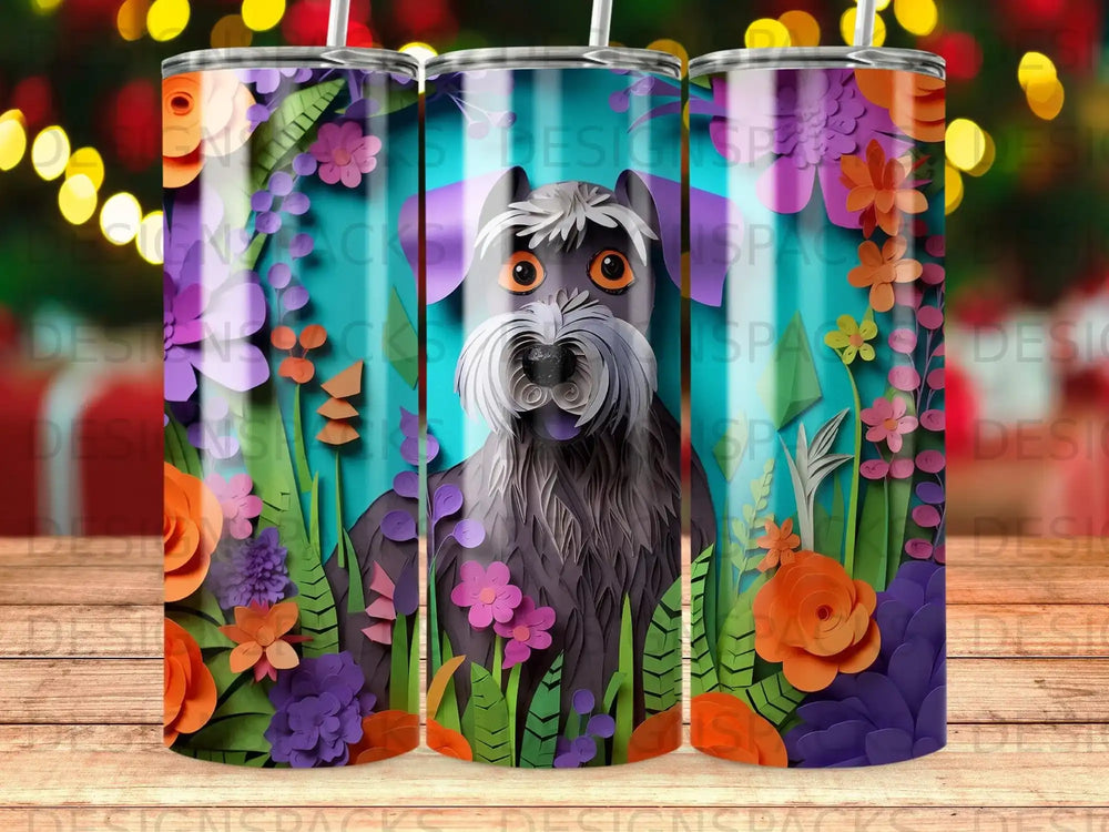 Dog with floral decoration on tumbler.