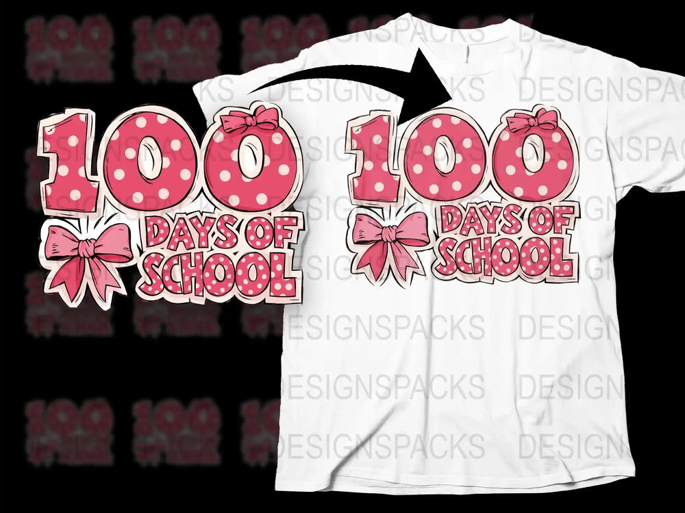 100 Days of School T-Shirt, Kids Celebration Tee, Pink Polka Dots and Bows Design, Teacher Gift