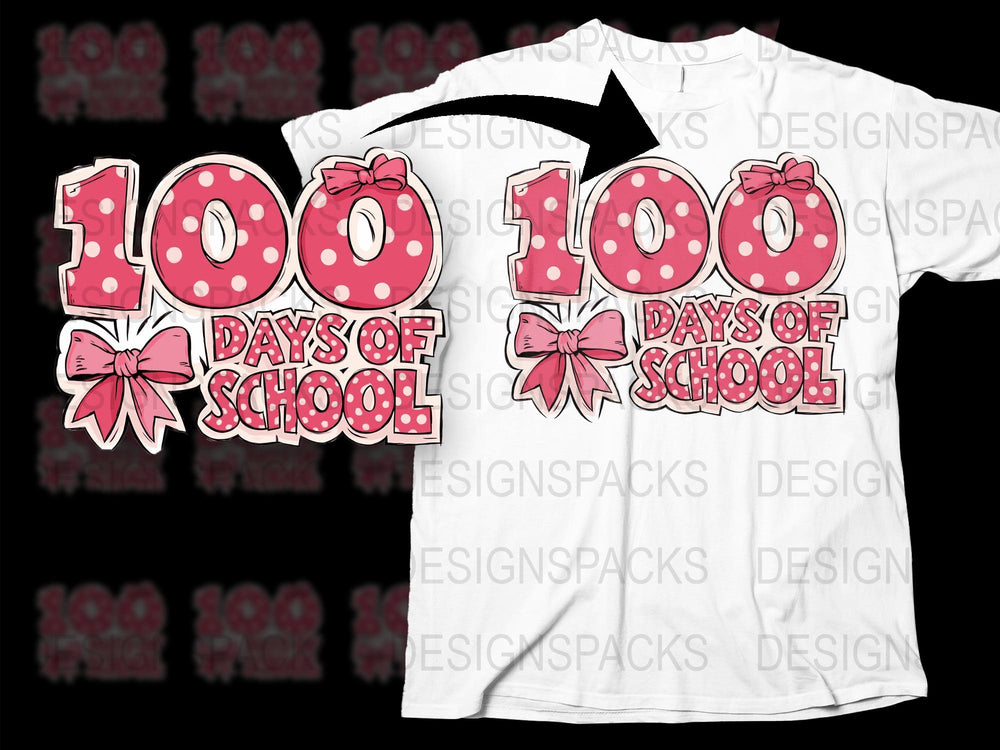 100 Days of School T-Shirt, Kids Celebration Tee, Pink Polka Dots and Bows Design, Teacher Gift