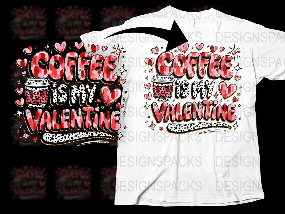 Coffee Is My Valentine T-Shirt, Leopard Print Hearts Graphic Tee, Trendy Valentine's Day Shirt for Coffee Lovers