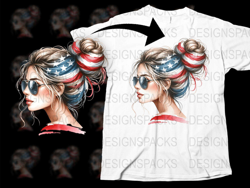 Patriotic Woman T-Shirt, American Flag Hair Design, Fourth of July Apparel, Stylish Summer Fashion Top, Unique Independence Day Outfit