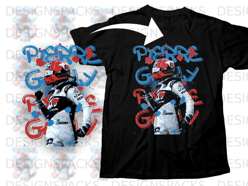 T-shirt featuring Pierre Gasly with "Pierre Gasly" text and racing sponsor logos.