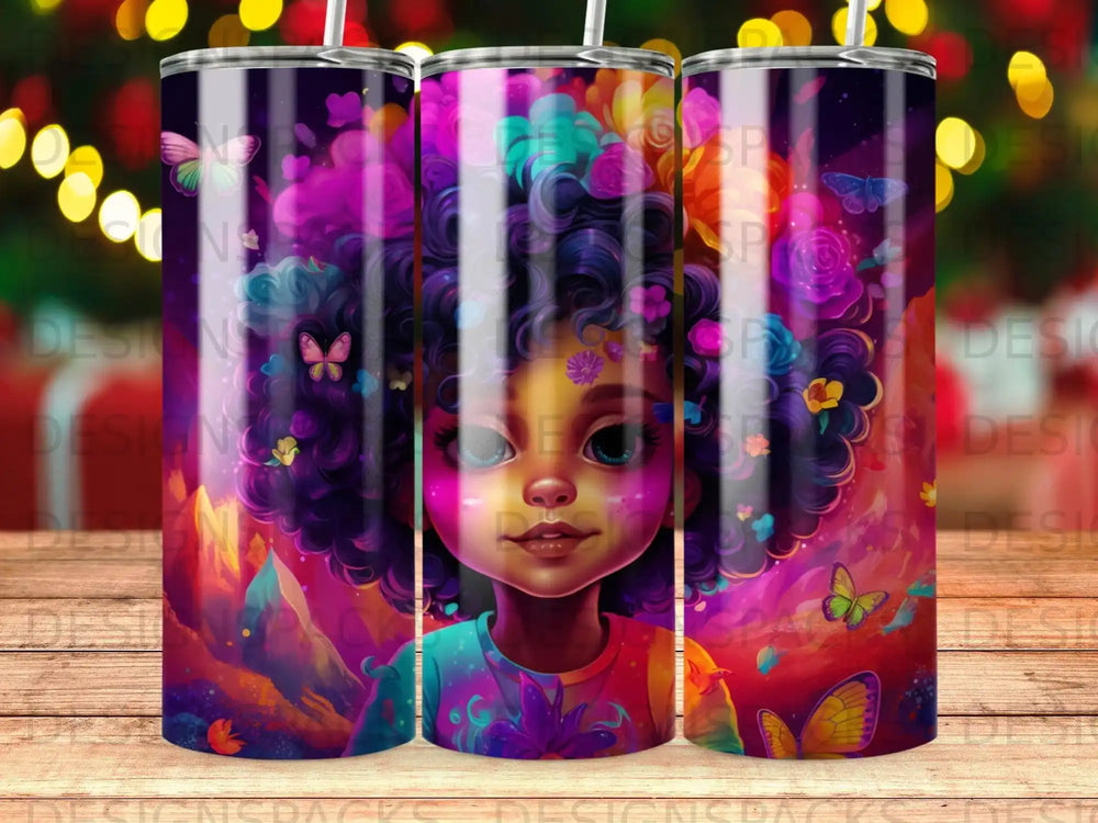 Tumbling girl with colorful curly hair and butterflies, against a vibrant floral background.