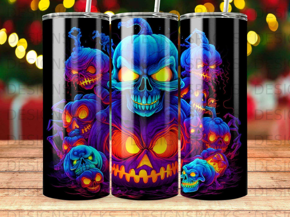 Glowing jack-o'-lantern skull with surrounding grinning skulls on a black background.
