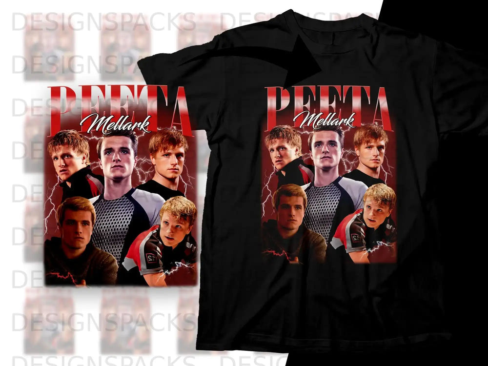 Black t-shirt with Peeta Mellark from The Hunger Games collage.