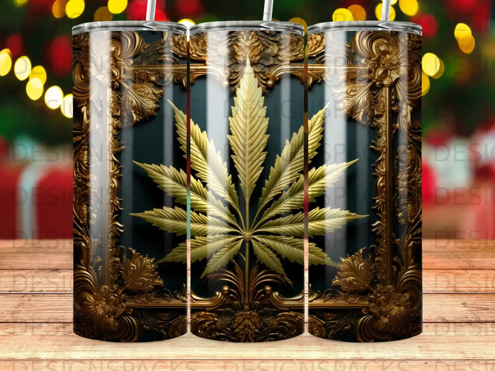 Gold cannabis leaf on dark textured background with ornate gold frame.