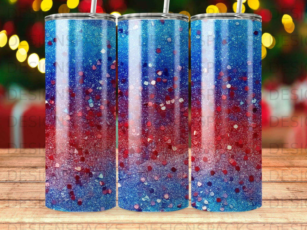 Red, white, and blue glitter tumbler with a sparkly, abstract design.