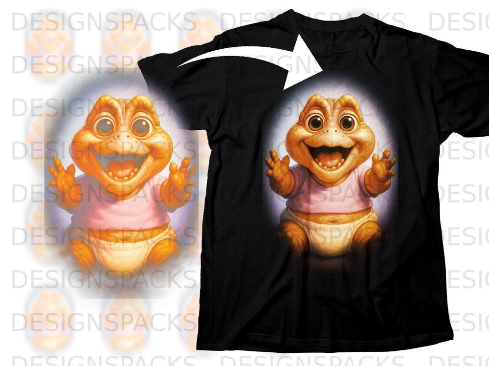 Baby dinosaur graphic on a black t-shirt with a white arrow pointing to it.