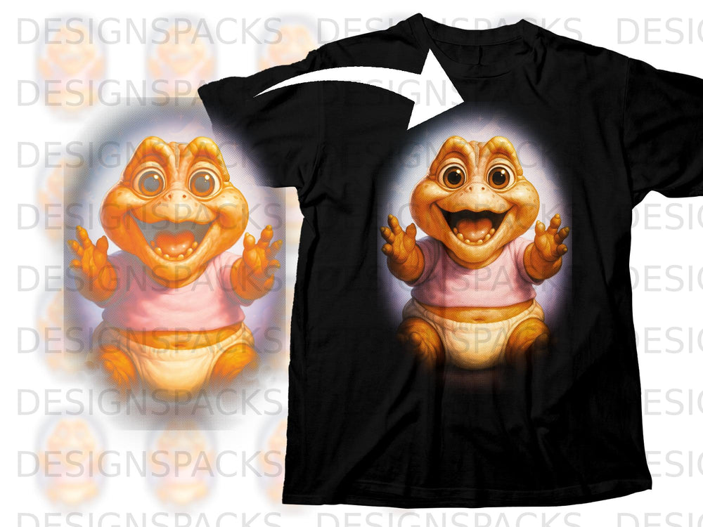 Baby dinosaur graphic on a black t-shirt with a white arrow pointing to it.