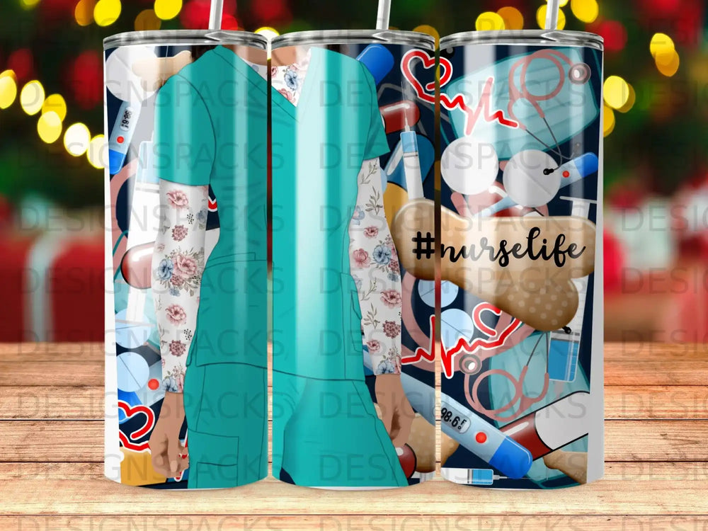 Tumbler with #nurselife print, featuring medical graphics and floral accents.