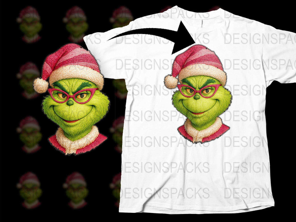Festive Grinch Face T-Shirt, Christmas Santa Hat, Holiday Graphic Tee, White Cotton Shirt