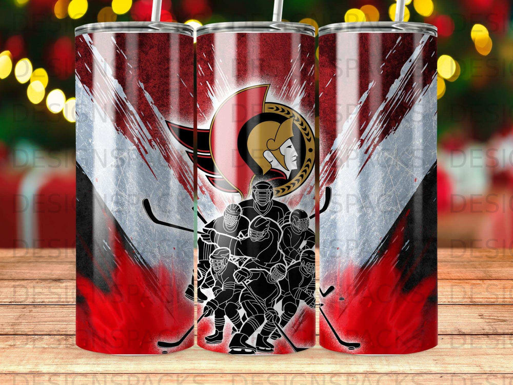 Washington Capitals hockey team logo and players on a red and white striped tumbler.