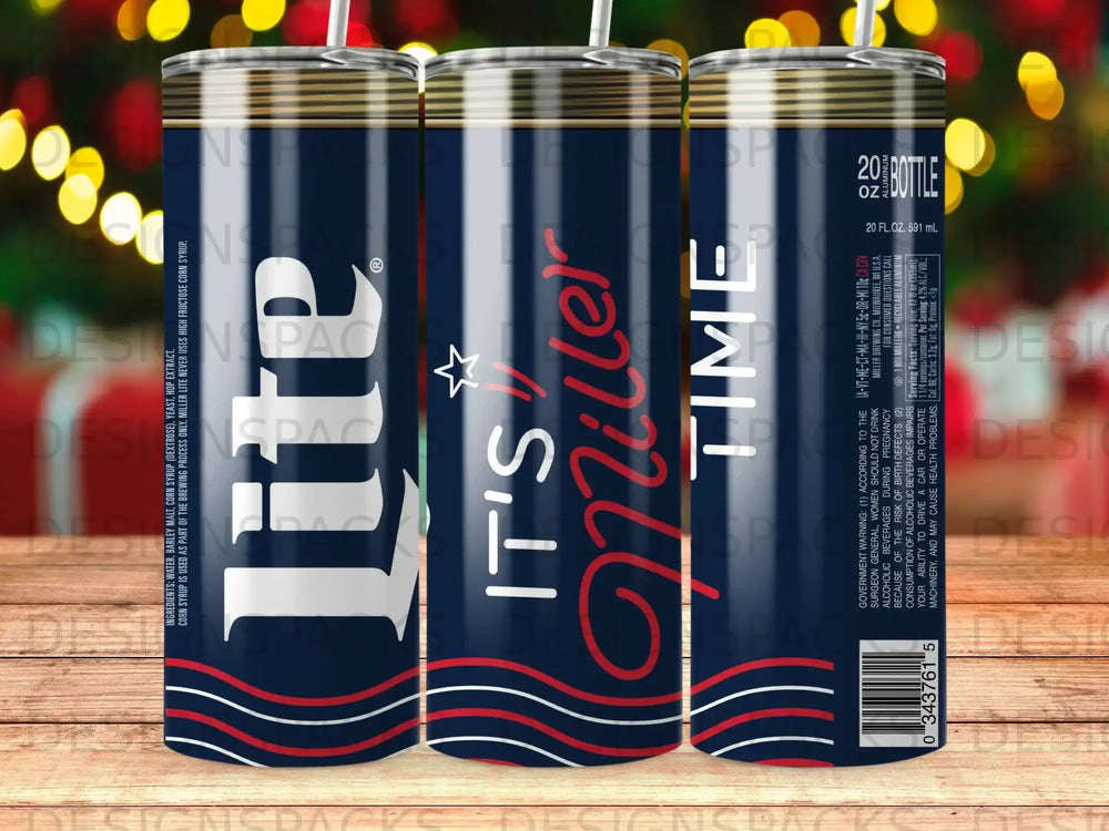 Miller Lite can with "It's Miller Time" text and ingredients.