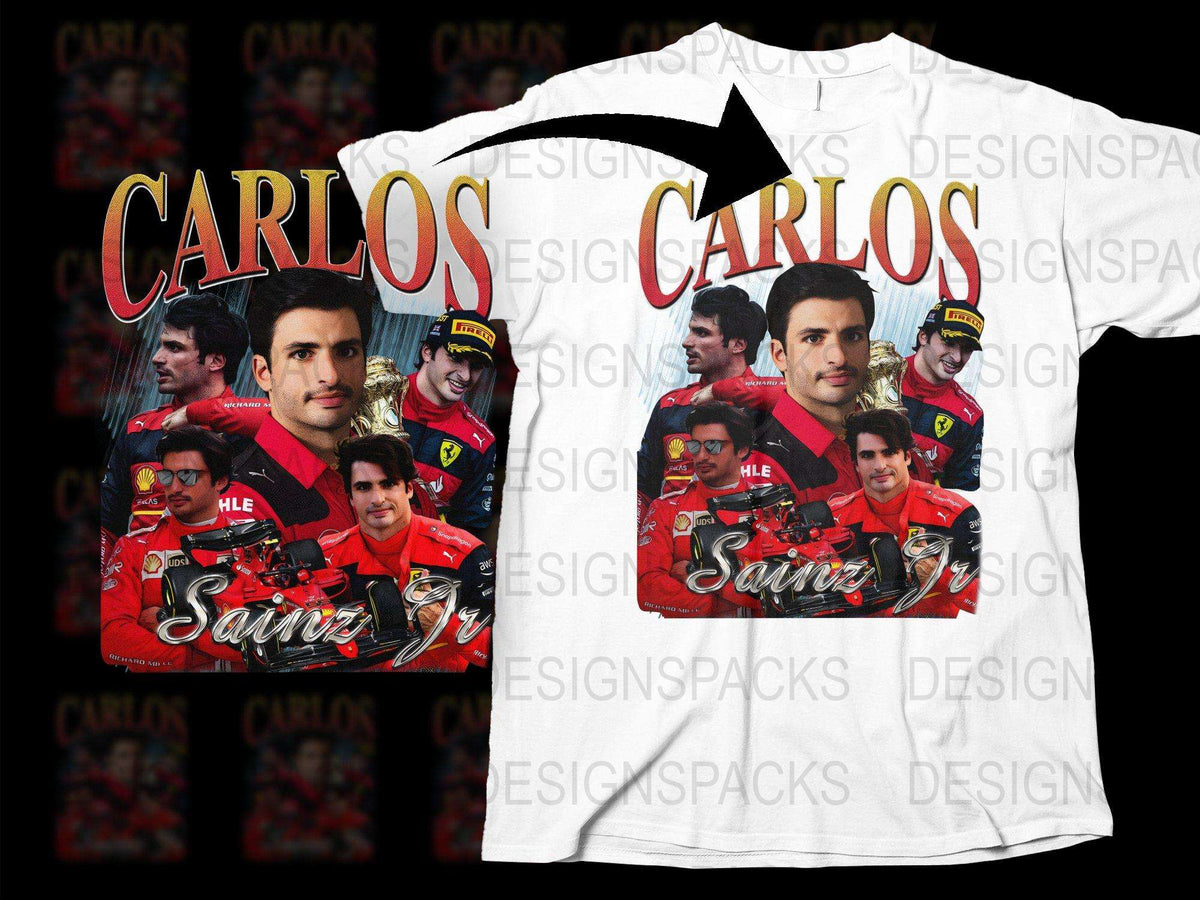 Carlos Sainz F1 Racing Graphic T-Shirt, Formula One Driver Merch, Motorsport Fan Apparel, White Red Casual Tee